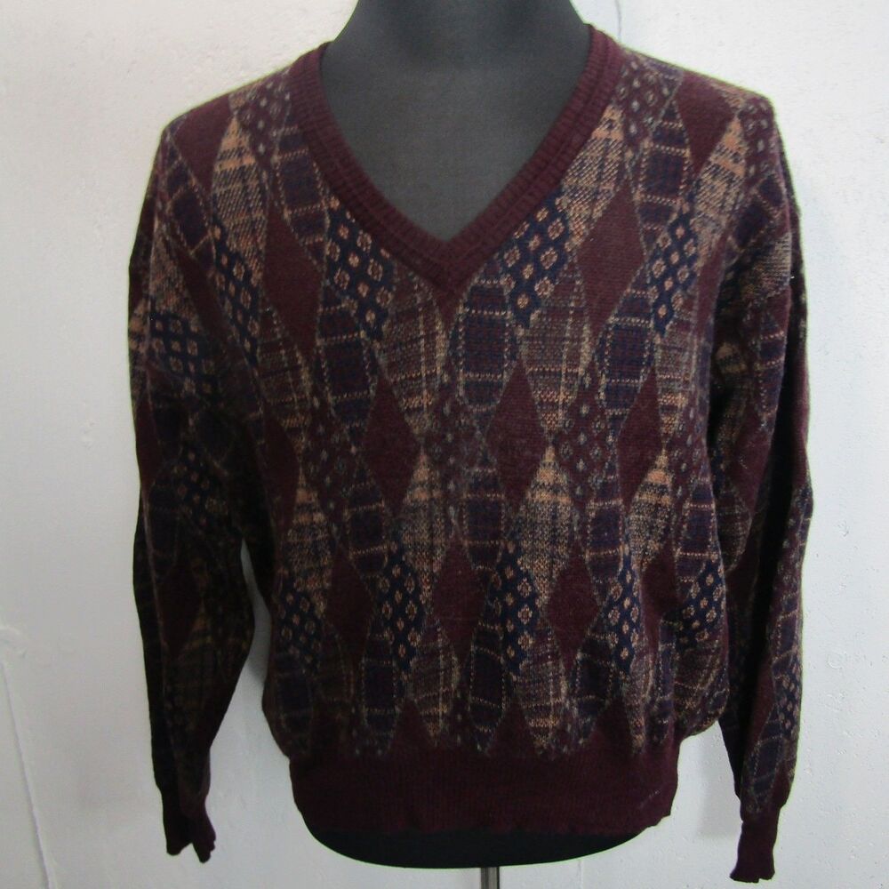 Tricots St. Raphael Men's L Argyle V-Neck Sweater Pure New Wool Made in Uruguay
